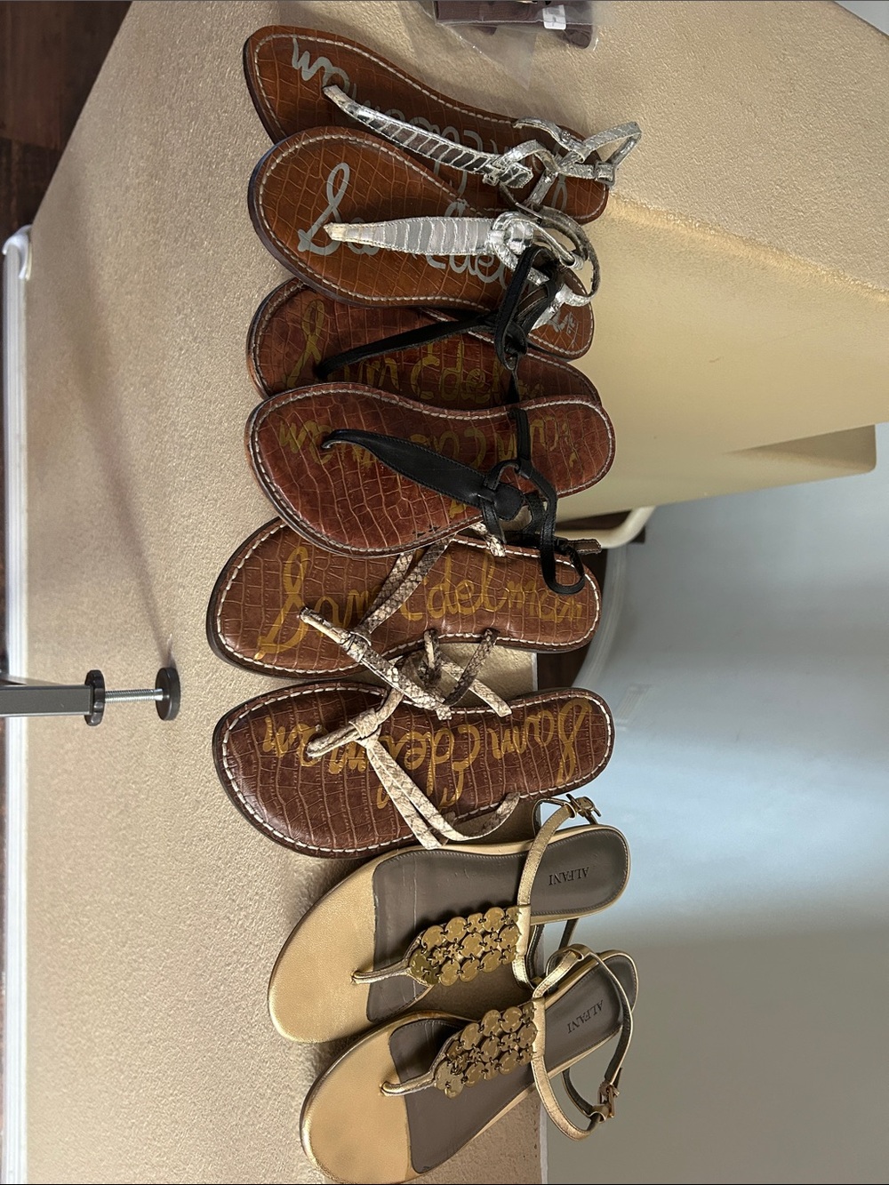 4 pairs of  Gold, Black, and Beige n silver Women's Sandal Bundle 7.5 8